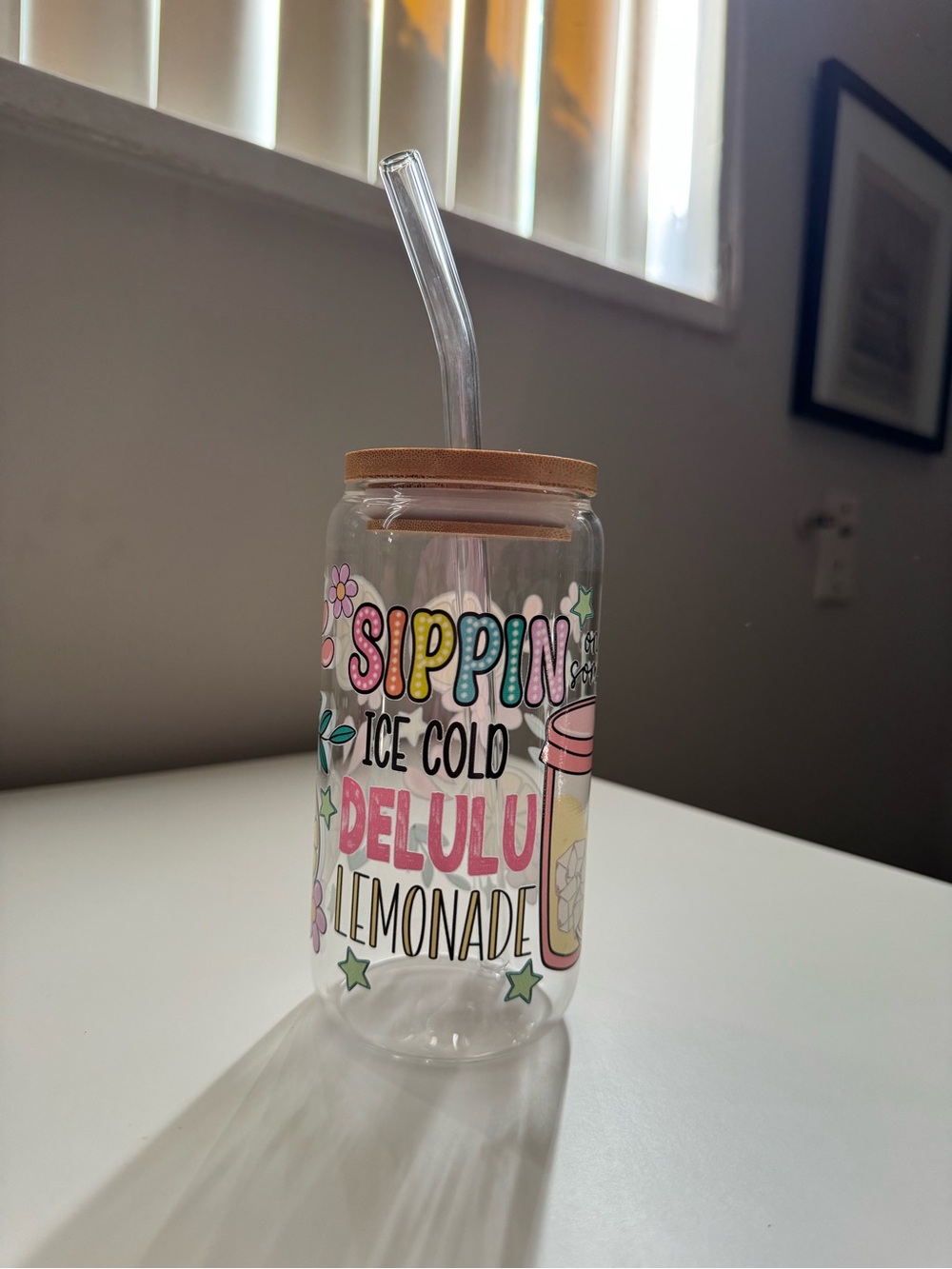 Sippin' Ice Cold Delulu Lemonade Glass Jar with Straw - Picture 1 of 4